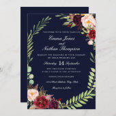 ブルガンディネイビーフローラリース結婚式招待状 招待状 (正面/裏面)