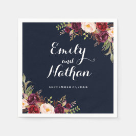 ブルガンディネイビーフローラ秋の結婚式ナプキン スタンダードカクテルナプキン