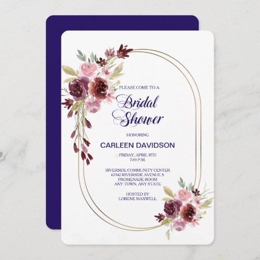 ブルガンディネイビーブルーバラフローラブライダルシャワー 招待状 (正面/裏面)