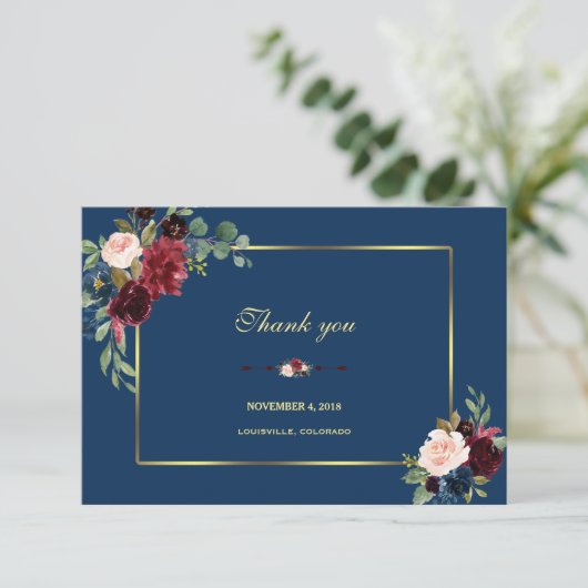 ブルガンディネイビーブルーフローラゴールデンフレ結婚ーム サンキューカード (スタンド正面)