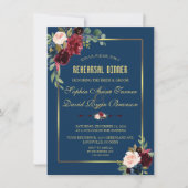 ブルガンディネイビーブルーフローラゴールデンリハーサルディナー 招待状 (正面)