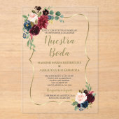 ブルガンディネイビーブルーフローラスペインのヌエストラボーダ アクリル招待状 (正面)