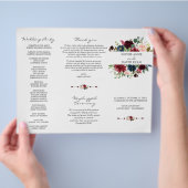 ブルガンディネイビーブルーフローラトリ+フォールド結婚式 プログラム チラシ (手)