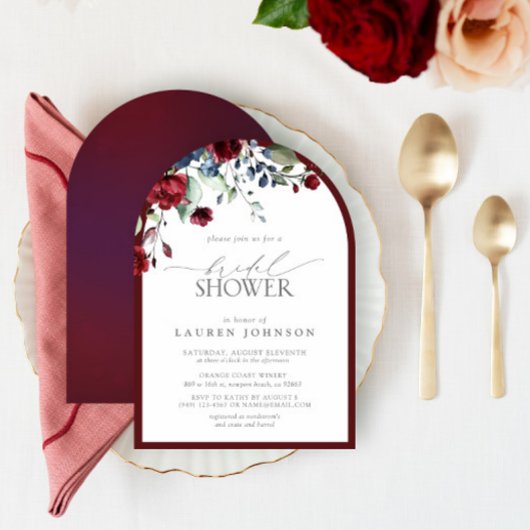 ブルガンディネイビーブルーフローラ水彩ブライダルシャワー 招待状