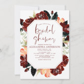 ブルガンディネイビーブルーブライダルシャワーエレガントフローラI 招待状 (正面)