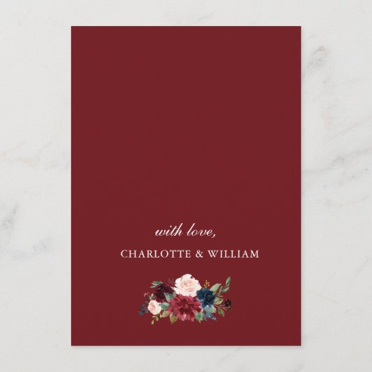 ブルガンディネイビーブルー赤面ウォーター色結婚フローラ セーブザデート (裏面)