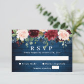 ブルガンディネイビーブルー赤面ウォーター色結婚フローラ 出欠カード (スタンド正面)