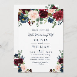 ブルガンディネイビーブルー赤面ウォーター色結婚フローラ 招待状