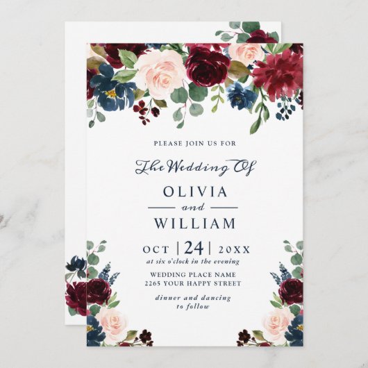 ブルガンディネイビーブルー赤面ウォーター色結婚フローラ 招待状 (正面/裏面)