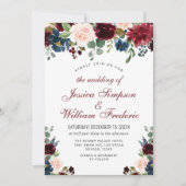 ブルガンディネイビーブルー赤面ウォーター色結婚フローラ 招待状 (正面)