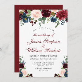 ブルガンディネイビーブルー赤面ウォーター色結婚フローラ 招待状