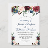 ブルガンディネイビーブルー赤面ウォーター色結婚フローラ 招待状 (正面)