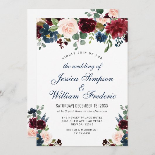 ブルガンディネイビーブルー赤面ウォーター色結婚フローラ 招待状 (正面/裏面)