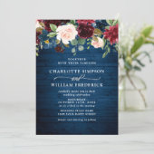 ブルガンディネイビーブルー赤面ウォーター色結婚フローラ 招待状 (スタンド正面)