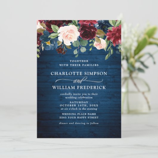ブルガンディネイビーブルー赤面ウォーター色結婚フローラ 招待状 (スタンド正面)