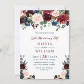 ブルガンディネイビーブルー赤面ウォーター色結婚フローラ 招待状 (正面)