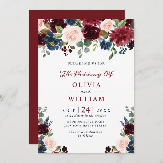 ブルガンディネイビーブルー赤面ウォーター色結婚フローラ 招待状 (正面/裏面)