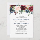 ブルガンディネイビーブルー赤面ウォーター色結婚フローラ 招待状 (正面)