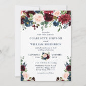 ブルガンディネイビーブルー赤面ウォーター色結婚フローラ 招待状 (正面)