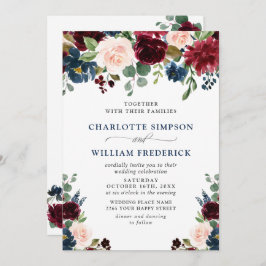 ブルガンディネイビーブルー赤面ウォーター色結婚フローラ 招待状