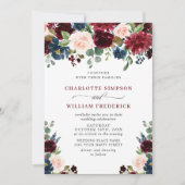 ブルガンディネイビーブルー赤面ウォーター色結婚フローラ 招待状 (正面)