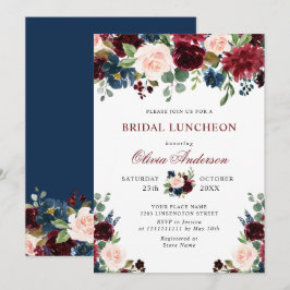 ブルガンディネイビーブルー赤面フラワーズブライダルシャワー 招待状