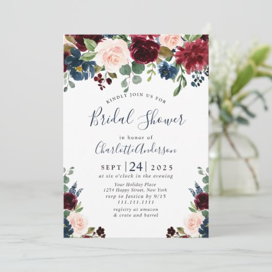 ブルガンディネイビーブルー赤面フラワーズブライダルシャワー 招待状 (スタンド正面)