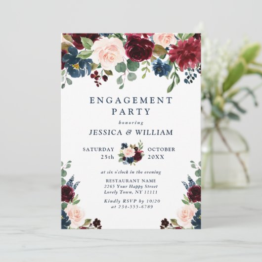 ブルガンディネイビーブルー赤面フラワーズ婚約パーティ 招待状 (スタンド正面)
