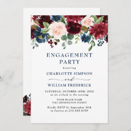 ブルガンディネイビーブルー赤面フラワーズ婚約パーティ 招待状