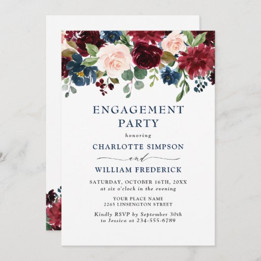 ブルガンディネイビーブルー赤面フラワーズ婚約パーティ 招待状 (正面/裏面)