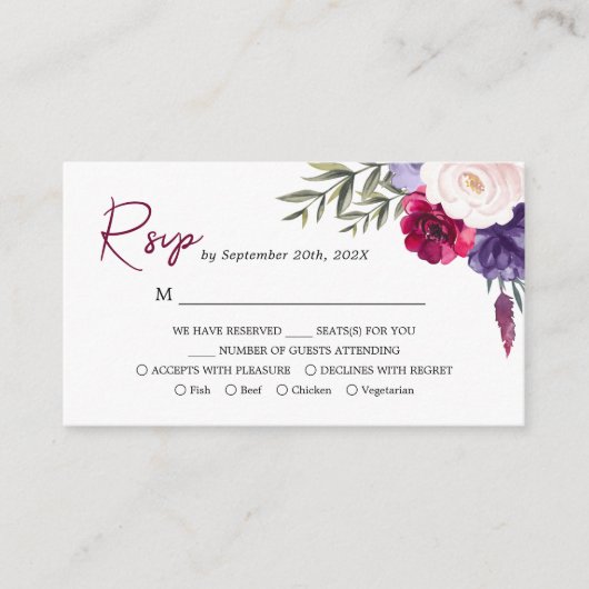 ブルガンディネイビーブルー赤面フローラウェディングRSVPカード エンクロージャーカード (正面)