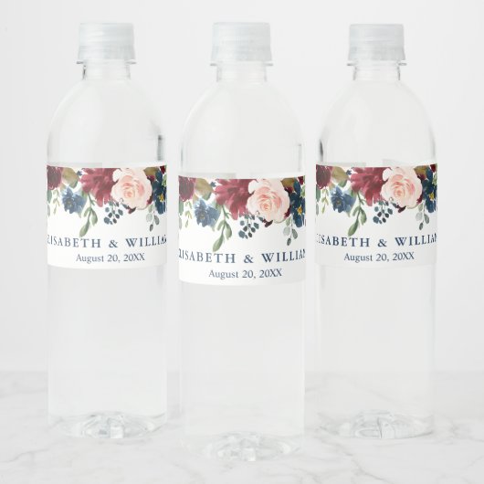 ブルガンディネイビーブルー赤面フローラウォーターカラー結婚ズ ペットボトルラベル (ボトル)