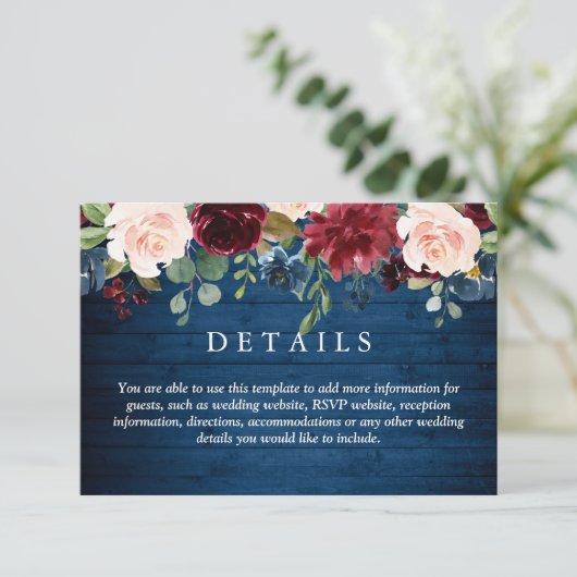 ブルガンディネイビーブルー赤面フローラ結婚ズ詳細 エンクロージャーカード (スタンド正面)