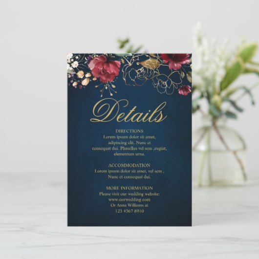 ブルガンディネイビーブルー赤面フローラ結婚ズ詳細 エンクロージャーカード (スタンド正面)