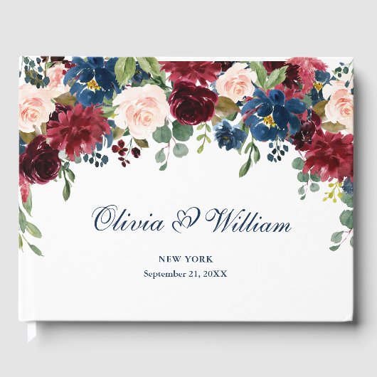 ブルガンディネイビーブルー赤面フローラ結婚ズ ゲストブック (正面)