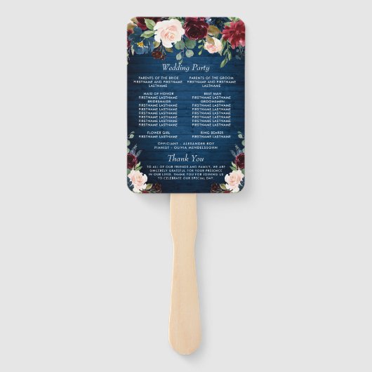 ブルガンディネイビーブルー赤面フローラ結婚式 プログラム ハンドファン (裏面)