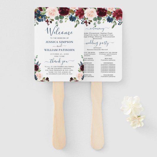 ブルガンディネイビーブルー赤面フローラ結婚式 プログラム ハンドファン (正面&裏面)