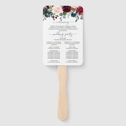 ブルガンディネイビーブルー赤面フローラ結婚式 プログラム ハンドファン (裏面)