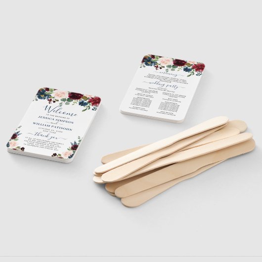 ブルガンディネイビーブルー赤面フローラ結婚式 プログラム ハンドファン (組立なし)