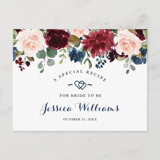 ブルガンディネイビーブルー赤面ブライダルシャワーレシピカード ポストカード (正面)