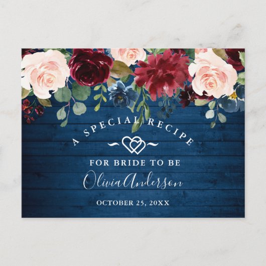 ブルガンディネイビーブルー赤面ブライダルシャワーレシピカード ポストカード (正面)