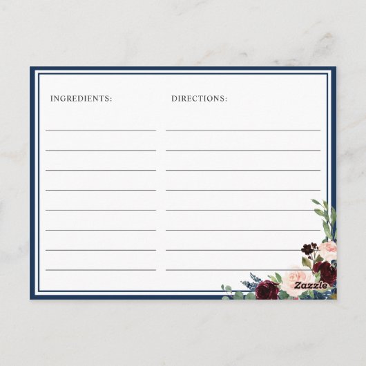 ブルガンディネイビーブルー赤面ブライダルシャワーレシピカード ポストカード (裏面)