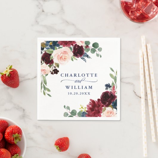 ブルガンディネイビーブルー赤面素朴フローラ結婚ズ スタンダードカクテルナプキン (インサイチュ)