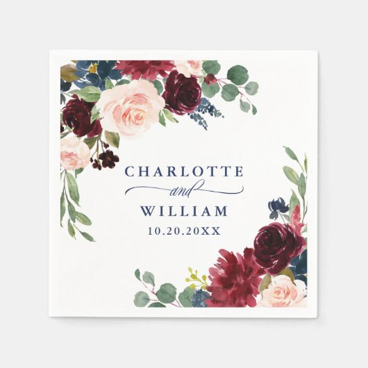 ブルガンディネイビーブルー赤面素朴フローラ結婚ズ スタンダードカクテルナプキン (正面)