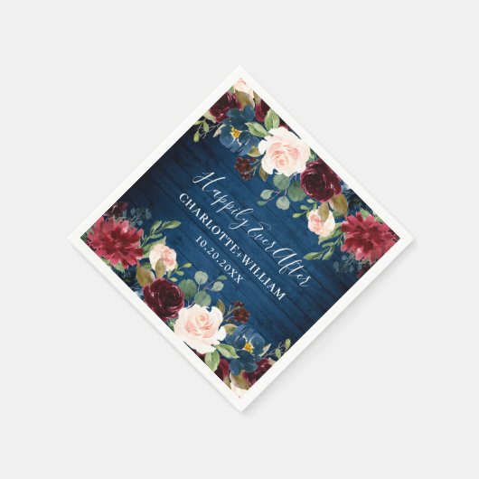 ブルガンディネイビーブルー赤面素朴フローラ結婚ズ スタンダードカクテルナプキン (角)