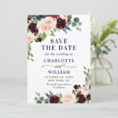 ブルガンディネイビーブルー赤面素朴フローラ結婚ズ セーブザデート (スタンド正面)