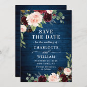 ブルガンディネイビーブルー赤面素朴フローラ結婚ズ セーブザデート (正面/裏面)