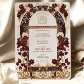 ブルガンディネイビーブルー&アンティーク金ゴールドフローラ結婚ズ 招待状