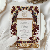 ブルガンディネイビーブルー&アンティーク金ゴールドフローラ結婚ズ 招待状