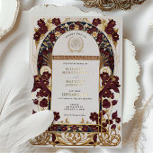 ブルガンディネイビーブルー&アンティーク金ゴールドフローラ結婚ズ 箔招待状